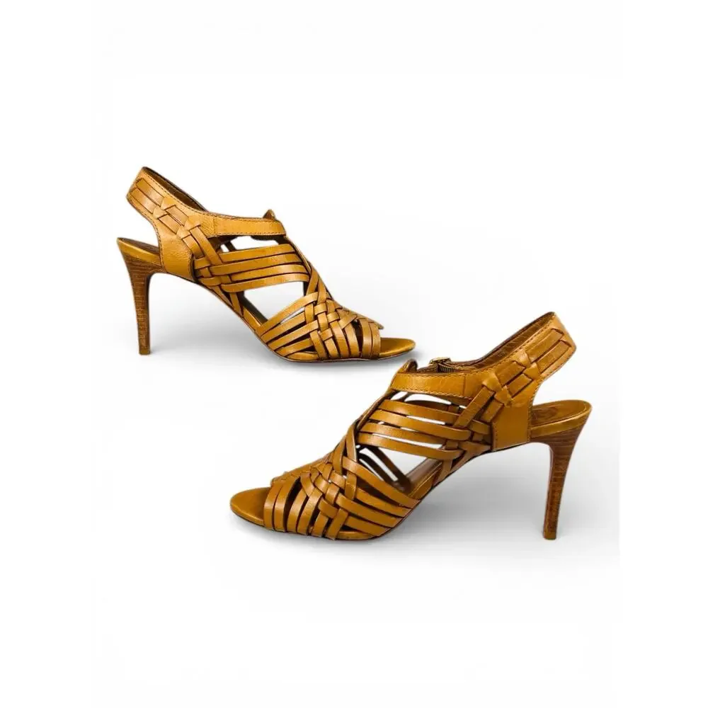 Tory Burch Nadia Woven Leather Huarache Heels Cognac Sandals 9.5